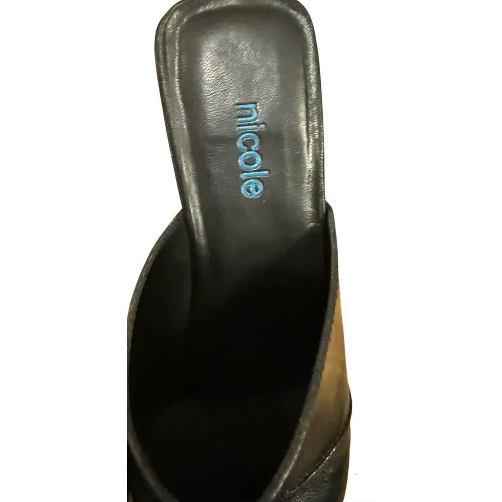 Nicole Brakes Black Leather Heeled Mules in Size 6.5